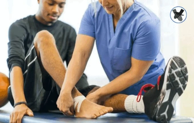 تصویر یک فرد در مطب فیزیوتراپیست و تیپ مچ پا